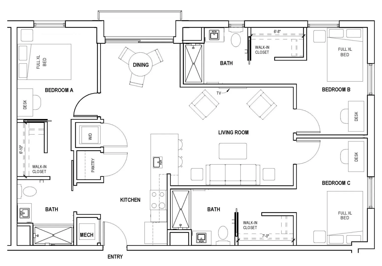 3 Bedroom A with Balcony - 1190SF