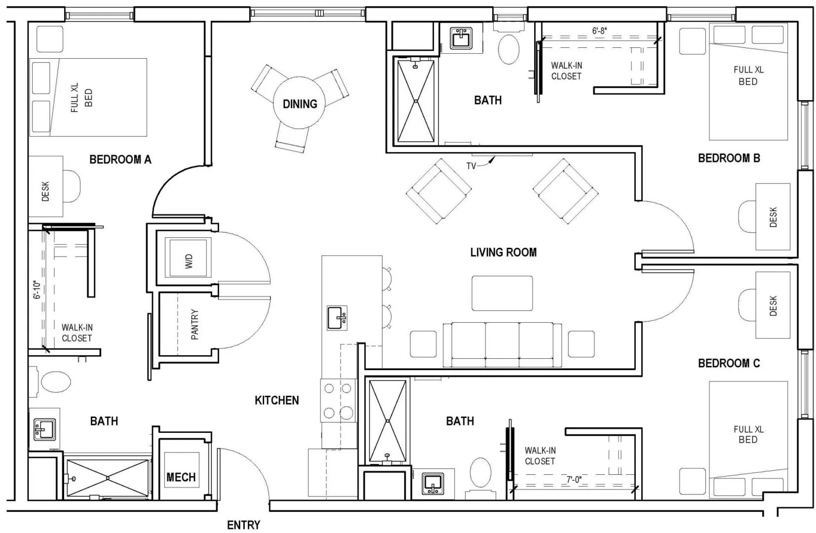 3 Bedroom Unit A - 1222SF