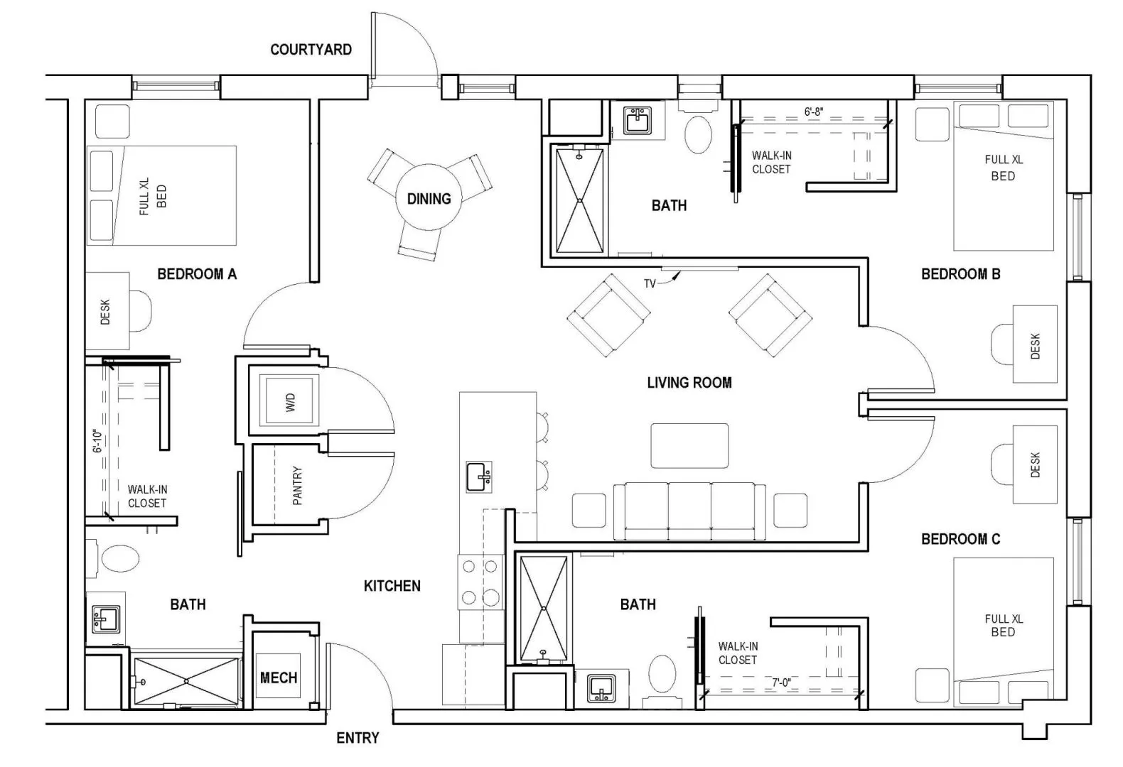 3 Bedroom A With Courtyard - 1222SF